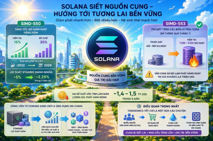 The image is an infographic titled "Solana Siết Nguồn Cung – Hướng Tới Tương Lai Bền Vững" highlighting two Solana governance proposals: SIMD-550, which proposes reducing annual inflation from 15% to 30% (with a staking yield dropping ~2.25% over three years, potentially saving $1.5B by 2032 vs $2039), and SIMD-553, which suggests burning 100% of priority fees (adding ~600–800 SOL/day, up to 7,500–9,000 SOL, valued at ~$4.5T USD). It visually connects these deflationary mechanisms to SOL's long-term value, on-chain staking/DeFi growth, and demand-side tokenomics, reinforcing the post's point that Solana is shifting focus toward sustainable SOL economics beyond just transaction speed and ecosystem expansion.