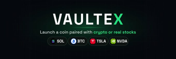 The image is a promotional banner for "VAULTEX," featuring the tagline "Launch a coin paired with crypto or real stocks" alongside ticker badges for SOL, BTC, TSLA, and NVDA. It ties into the post's discussion about Solana launchpads by visually highlighting Vaultex's unique offering—the ability to pair new tokens with both cryptocurrencies and traditional stocks like Tesla and Nvidia, distinguishing it from typical launchpads focused solely on crypto pairings.