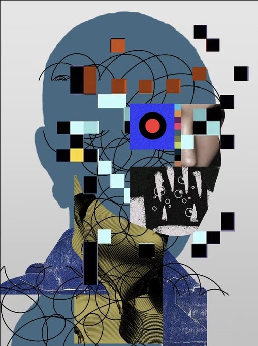 A glitch-art style digital portrait of a bald figure with a pixelated, chaotic face composed of scattered squares, colorful blocks, and tangled black wires against a gray background.