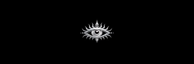 A white mystical eye symbol surrounded by sun-like rays centered on a black background.