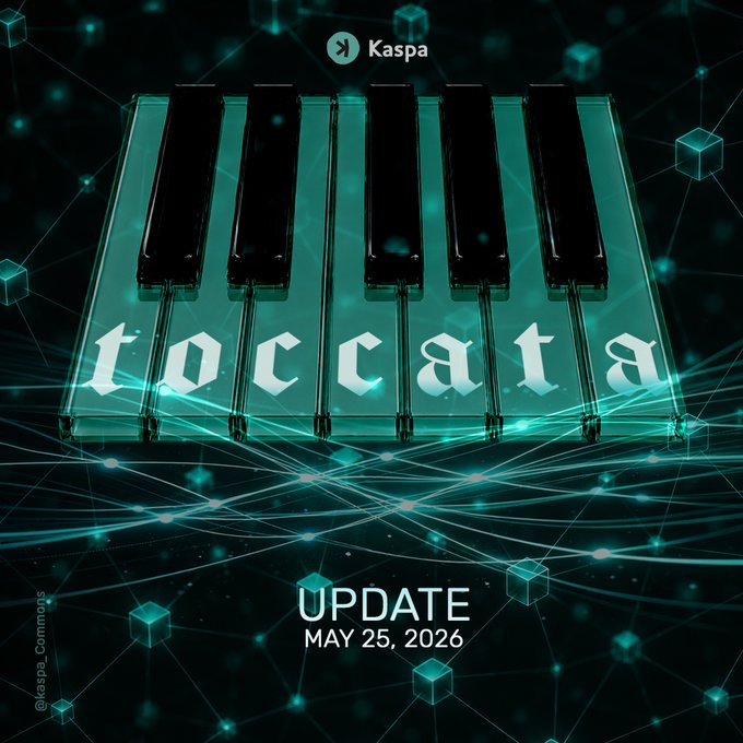 The image features a piano keyboard, with the word "Tocata" written above it. Below the keyboard, there's text that reads "Update May 26, 2016", indicating an update or release date for the software. The background of the image is black and filled with small white cubes arranged in a grid-like pattern.