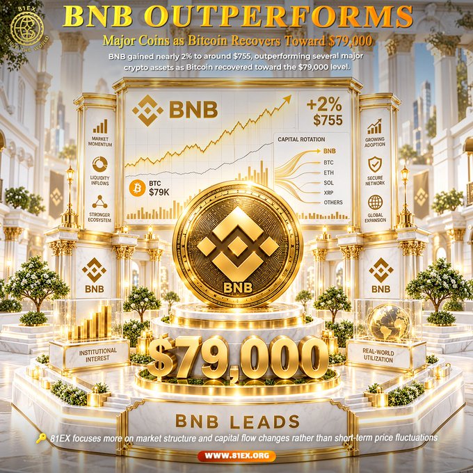 A promotional graphic from 81EX highlighting that BNB outperformed major cryptocurrencies by gaining nearly 2% to around $755, while Bitcoin recovered toward $79,000, featuring a golden BNB coin displayed on a pedestal with charts showing BTC at $79K and BNB's upward trend.