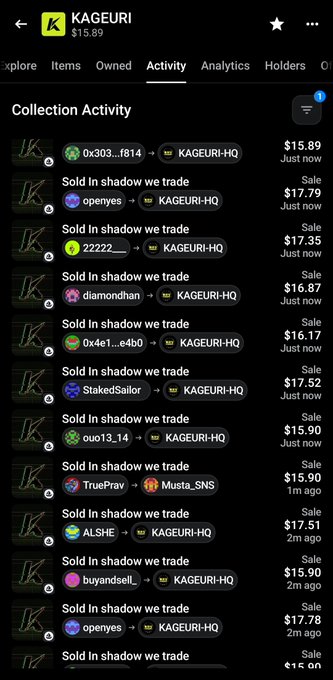 A dark-themed NFT collection activity page for 'KAGEURI' priced at $15.89, showing a list of recent sales in 'shadow we trade' mostly to KAGEURI-HQ wallet, with prices ranging from $15.90 to $17.79.