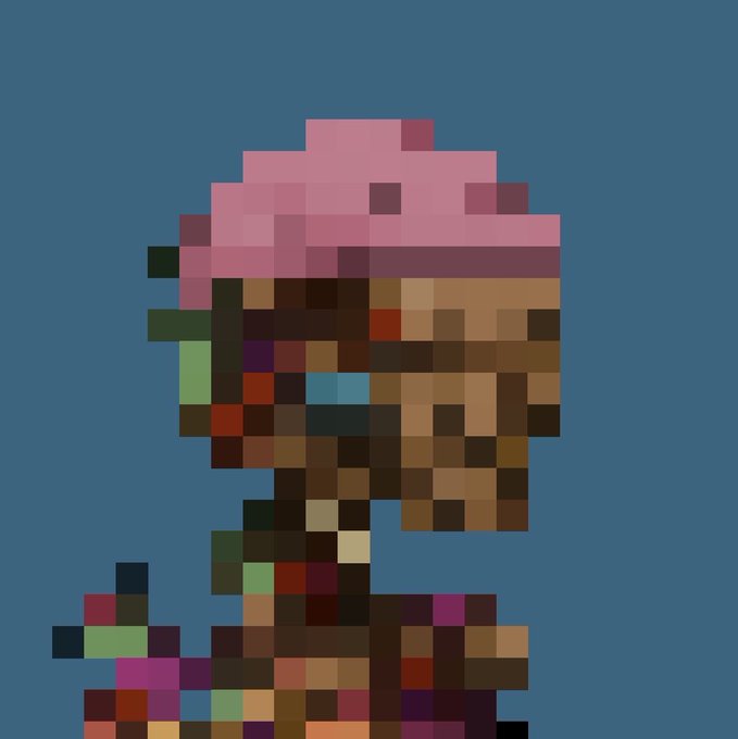 A heavily pixelated, low-resolution image on a blue background showing an indistinct figure with pink on top.