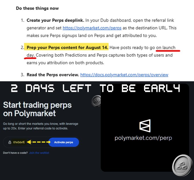 A Polymarket Perps promotional graphic displays "2 DAYS LEFT TO BE EARLY" with the referral code "01x0dxfl" and an "Activate perps" button, highlighting instructions to create a Perps deeplink and prepare content for the August 14 launch day.