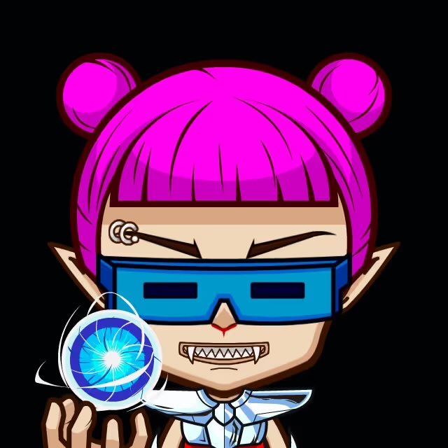 An anime-style character with bright pink hair in double buns, blue visor sunglasses, fangs, and a futuristic outfit holding a glowing blue orb.