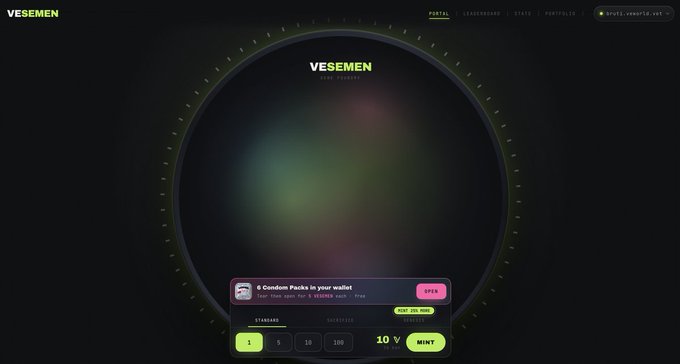 A dark-themed VESEMEN 'THE OPEN' minting interface shows '8 Condom Packs in your wallet' with an 'OPEN' button, alongside quantity options (1, 5, 10, 100) and a cost of '10' with a green 'MINT' button.