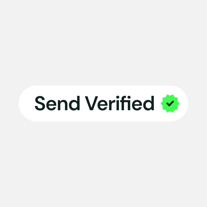The image features a green sticker with a white letter "V" placed in the middle of a white rectangular shape, giving the impression that it has been pressed down or pushed into place by some unseen hand. This suggests an immediate response from users who have interacted with the Send Verified app to confirm their actions and achievements. The post highlights a new feature of the app: Send Verified, which is focused on providing priority rewards for users who respond quickly and efficiently to the app's prompts. The app also displays a green sticker that reads " Send Verified". Overall, this image conveys an atmosphere of immediacy and efficiency associated with using the Send Verified app.