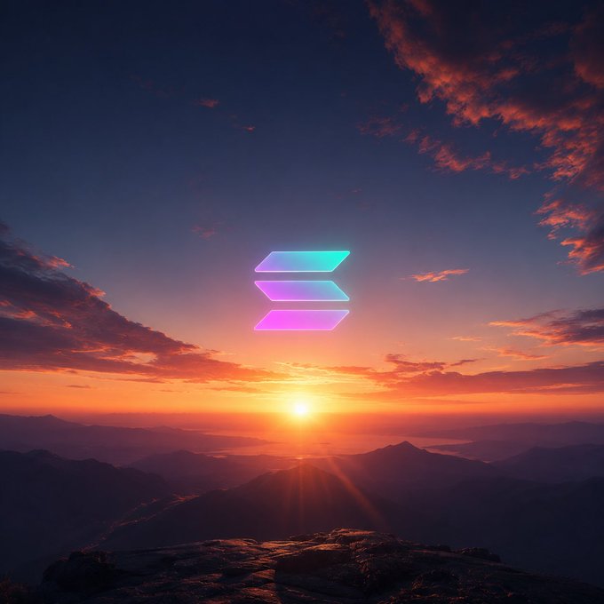 A sunset over mountains with the Solana logo floating in the sky.