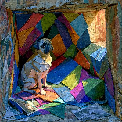 A pug sits inside a small enclosure against a vivid, geometric mosaic of colorful painted panels. The artwork's bold abstract style and cell-like setting match the title "Pug in the Cell," a piece by Mettody1 displayed on objkt.com.