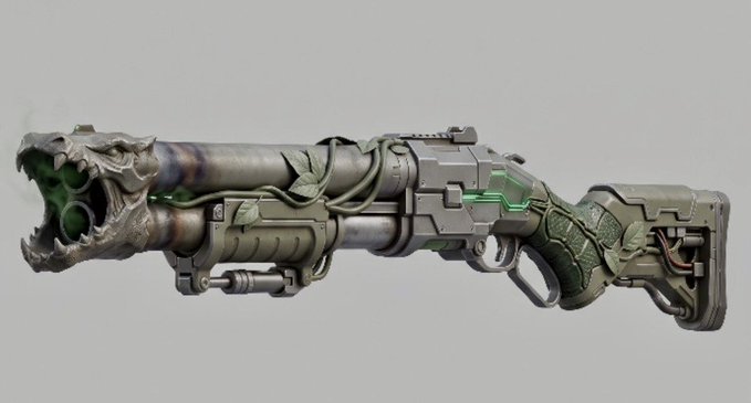 A digital concept art of a sci-fi rifle with green glowing accents, vines, and a monstrous, toothy maw at the barrel end.
