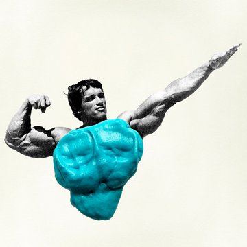 A digitally edited image of Arnold Schwarzenegger flexing in a classic bodybuilding pose, with a blue, crumpled-looking texture wrapping around his midsection, illustrating one of the "Crumpled OBJKTs" digital art pieces now owned by @UnitedSaints on @dropdotart.