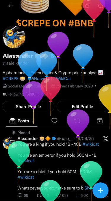 The image is a screenshot of a Twitter/X profile for "@aale_xander," featuring a festive background with colorful balloons and the bold text "$CREPE ON #BNB" at the top, with the name "Alexander" visible. The bio describes him as a "pharmacist | Forex trader & Crypto price analyst" and shows 6.6K followers and 1K following, with a pinned tweet referencing holding "$wikicat." 

This relates to the post as Alexander is publicly expressing gratitude for the $CREPE and WikiCat community, celebrating his growth and thanking supporters—a message likely shared via his Twitter profile shown in the image.