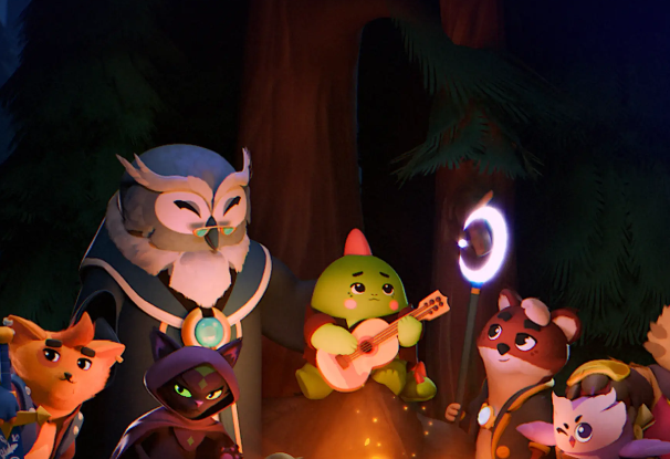 An animated scene featuring cute animal characters gathered around a campfire in a forest, including an owl wearing glasses and a small creature playing a guitar.