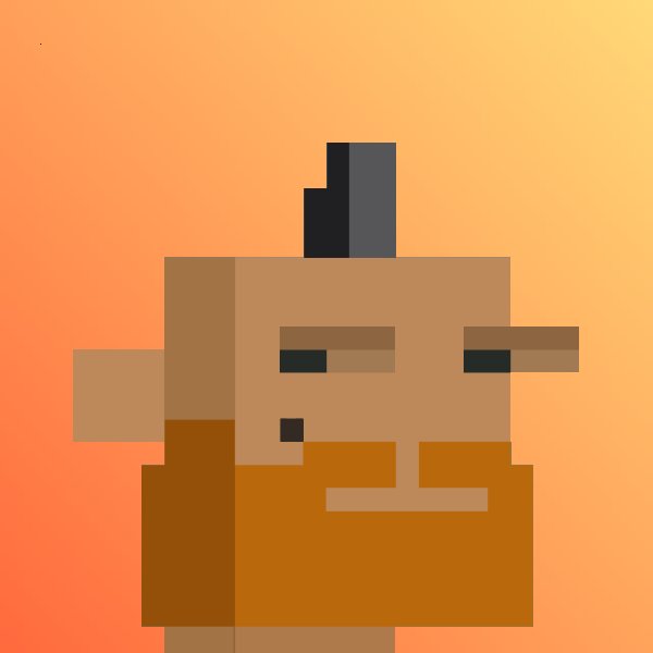 A pixel art character with a mohawk and orange beard is displayed against an orange-to-yellow gradient background.