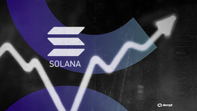 A graphic displays the Solana logo and text 'SOLANA' with an upward trending arrow, marked with the 'decrypt' watermark.