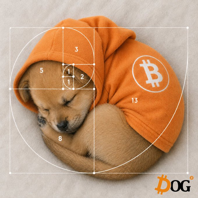 The image features a small brown dog wearing an orange hoodie with the Bitcoin symbol on it, curled up sleeping comfortably. The photo also includes a breakdown of the Golden Ratio, which is a mathematical concept that can be seen as a proportion or a ratio between two quantities where their sum is equal to the square root of 2 (approximately 1.5). This image combines elements of both the cute and the intellectual, with the adorable dog wearing an orange hoodie and the Golden Ratio being represented in the photo.