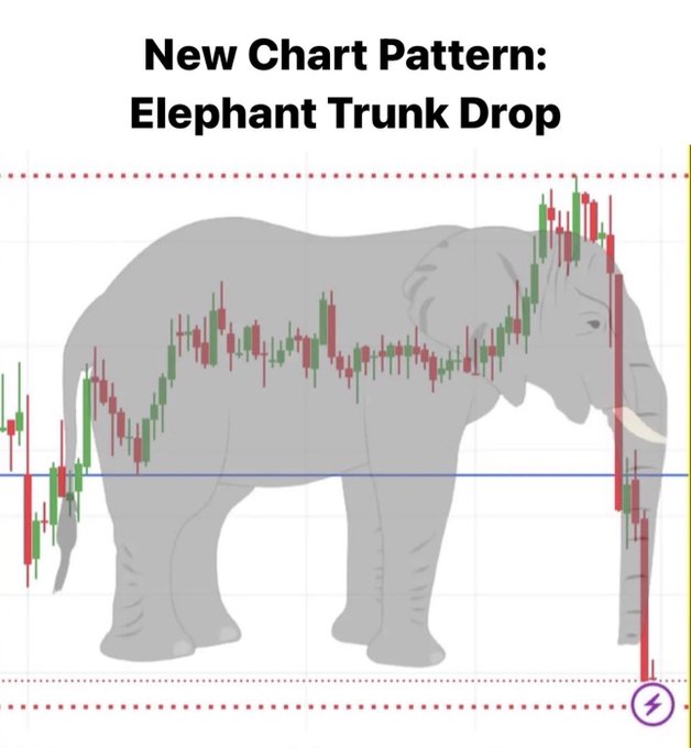 A meme image showing an elephant silhouette overlaid with a candlestick chart pattern titled "New Chart Pattern: Elephant Trunk Drop," illustrating a price rally that sharply reverses downward, with a small lightning bolt icon in the corner.