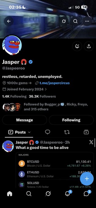 A Twitter/X profile for 'Jasper' (@Jasperooo), describing himself as 'restless, retarded, unemployed,' posting about BTCUSD, ETHUSD, and SOLUSD prices, with a post reading 'What a good time to be alive.'