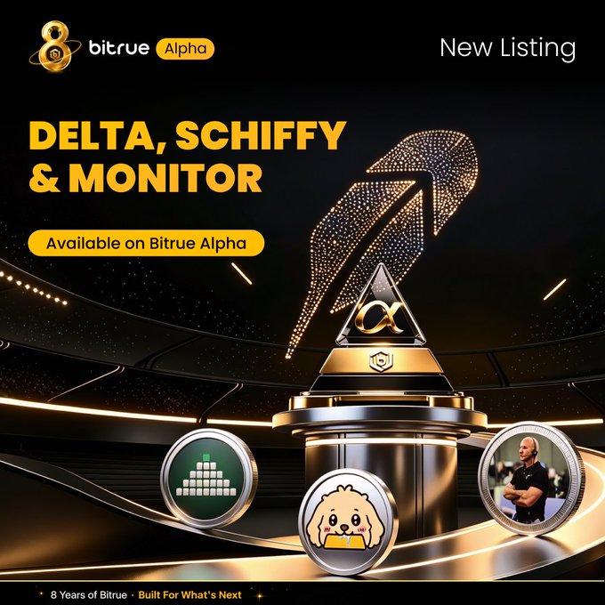 A promotional graphic for Bitrue Alpha announcing new listings for $DELTA (DeltaLiquidity), $SCHIFFY (schiffygld), and Monitor, featuring coin icons, a golden trophy with an Alpha symbol, and the tagline "8 Years of Bitrue - Built For What's Next."
