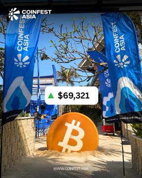 A promotional image for CoinFest Asia showing blue banners, palm trees, and a large orange Bitcoin sculpture with the text 'CoinFest Asia' and a Bitcoin price of $69,321.