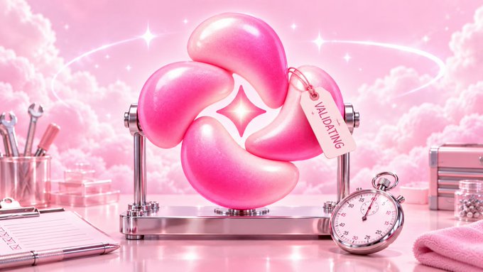 A glossy pink pinwheel-style sculpture with a "VALIDATING" tag spins on a platform surrounded by a dreamy pink cloud backdrop, manicure tools, and a stopwatch, symbolizing the behind-the-scenes refinement and testing phase of bliss.fun. The spinning motion of the pinwheel and ticking stopwatch visually reinforce the post's message that things are actively in motion and "jackpot mode" is on the horizon.