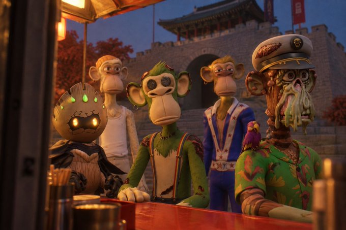 A 3D animated scene featuring several anthropomorphic monkey characters in various outfits including a sailor costume and a Hawaiian shirt, gathered at what appears to be a bar with a Chinese-style fortress in the background.