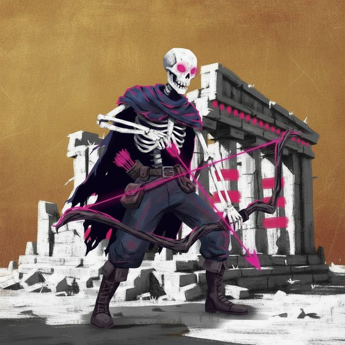 A digital illustration depicts a skeleton archer with glowing pink eyes drawing a bow, dressed in a tattered purple cape and dark pants, set against a backdrop of ancient ruins under an orange sky.
