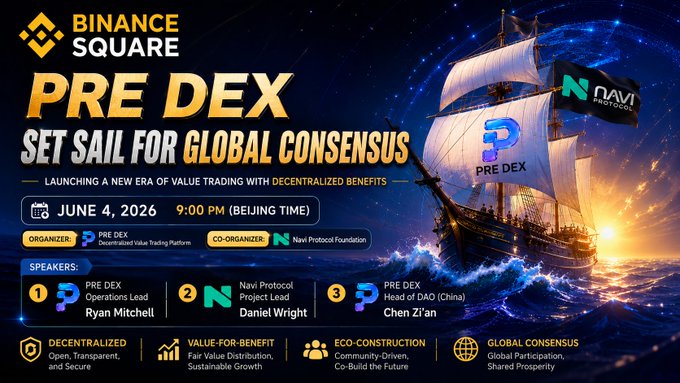 The image features a large sailboat with a sunset scene, which is part of an advertisement for a new initiative called "PRE DEX" by the company "Binance Square". The boat is sailing towards a city skyline at night, symbolizing the launch of this global consensus project. The text on the image indicates that the event is scheduled to take place in June 4th and will be held at 9:00 PM UTC. It also mentions that there are talks about fair value distribution and how it relates to the project.
