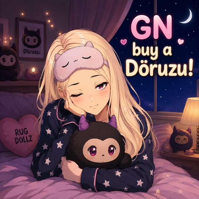 An anime-style illustration of a blonde girl in star-patterned pajamas holding a black plush toy named "Döruzu," with text reading "GN buy a Döruzu!" set in a cozy bedroom at nighttime.