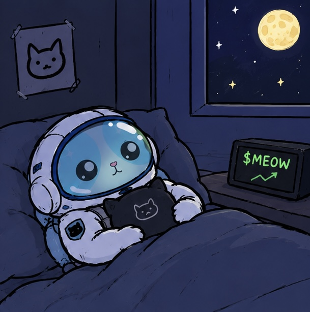 A cute cartoon of a cat-faced astronaut in a spacesuit hugging a laptop in bed at night, while a monitor beside them displays '$MEOW' with an upward green trend arrow.