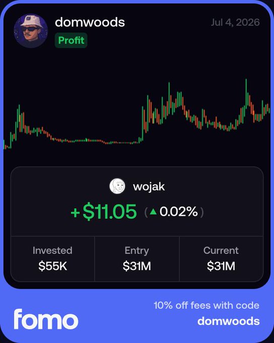 A fomo app screenshot showing user 'domwoods' with a profit of +$11.05 (▲0.02%) on 'wojak', with an invested amount of $55K and entry/current price of $31M.