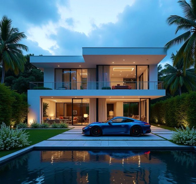 A sleek blue sports car sits parked in front of a modern luxury mansion at dusk, with a tranquil pool reflecting the illuminated home and twilight sky. The image evokes the aspirational lifestyle promised by XRP holders, symbolizing the financial prosperity and dream home many envision as the cryptocurrency's long-term value potential by 2030.