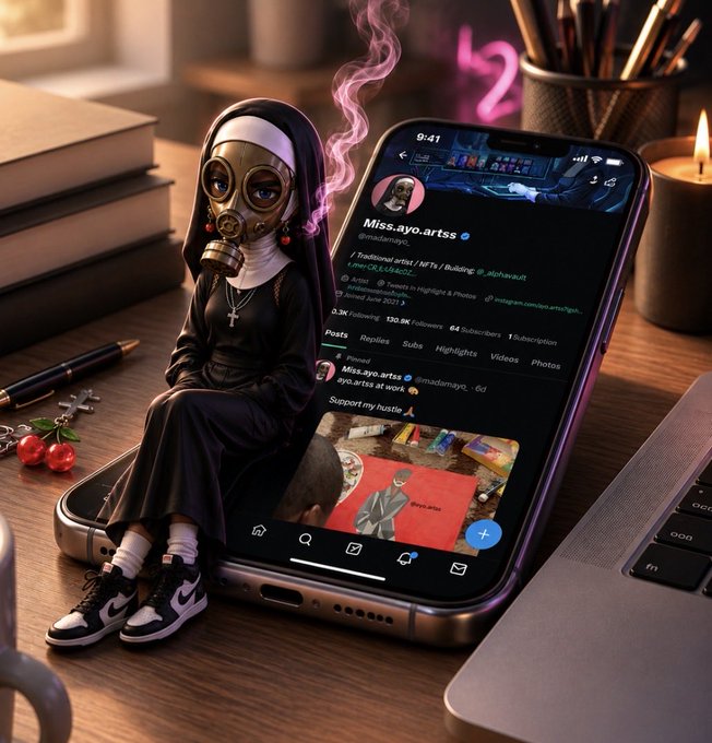 The image features a cell phone with a small figurine of a nun sitting on top of it, surrounded by various objects such as books, pens, and a laptop. The cell phone displays an Instagram post from a user named @Nissyayo, who is known for her music. The post includes a link to the NFT project she has created, which seems to be related to the nun figurine on the phone. The image also contains text that reads "Focus on what is in the image and how it relates to the post."