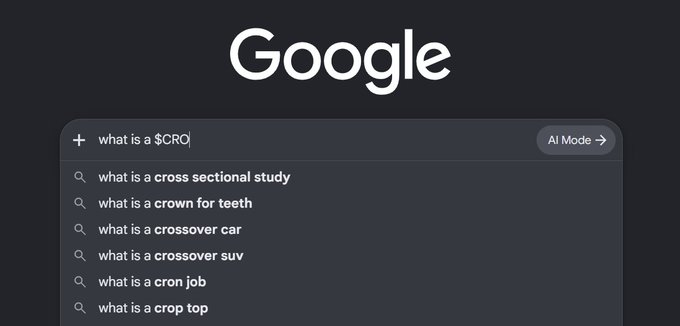 A Google search interface with the query 'what is a $CRO', showing autocomplete suggestions like 'what is a cross sectional study' and 'what is a crown for teeth'.