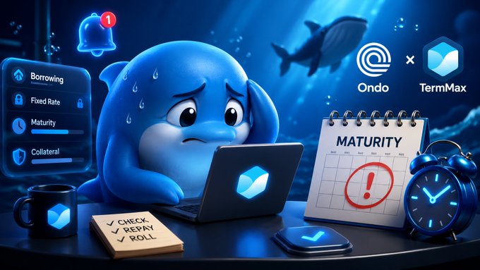 A worried blue shark sweats while working on a laptop beside a calendar marked "MATURITY" with a circled exclamation point, a ringing notification bell, a checklist reading "CHECK REPAY ROLL," and Ondo × TermMax logos—visually reinforcing the warning that DeFi borrowing positions through Ondo Finance via TermMax have expiry dates that require timely repayment or rollover to protect collateral.