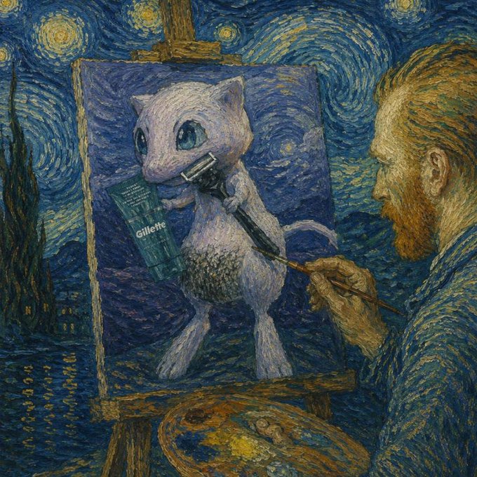A parody of Van Gogh's 'Starry Night' showing the painter holding a palette and brush, painting a Mew Pokémon that is shaving with a razor and a Gillette tube on a canvas easel.