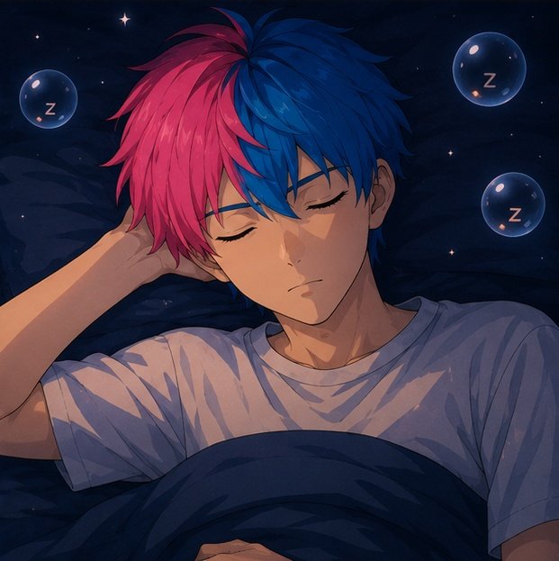 The image features an anime character wearing a white shirt who appears to be sleeping, with his eyes closed. The character's head is resting against a pillow, suggesting that he is in a comfortable position for sleep. The background of the image includes stars and bubbles, which could represent the night sky or bubbles floating around him. The post seems to be promoting an anime application called "I Got Paid Just For Sleeping," where users can track their sleep and receive rewards based on their sleep quality.