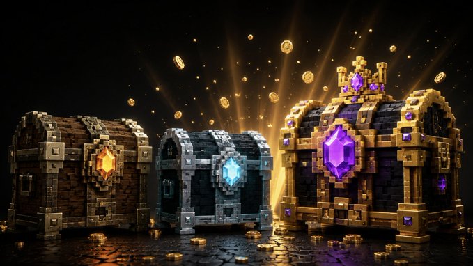 Three ornate treasure chests—one wooden with an amber gem, one iron-bound with a blue crystal, and one lavish gold and purple—burst open with cascading gold coins against a dark background, visually representing the loot rewards from AFK Heroes' new "Ancient Appraisal" feature.
