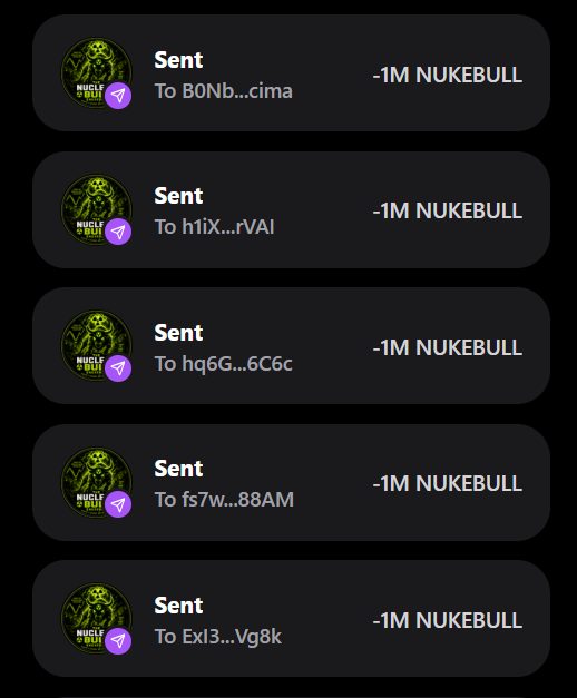 The image shows a series of transaction records displaying five "Sent" transfers of -1M NUKEBULL each, sent to various wallet addresses (B0Nb...cima, h1iX...rVAl, hq6G...6C6c, fs7w...88AM, and Exl3...Vg8k), serving as visual proof supporting the accompanying post's claim of distributing 1,000,000 $NUKEBULL tokens to the first 300 wallets in exchange for $SOL wallet addresses as part of a promotional airdrop tied to @blackbullhunter and the nukebull.online presale.