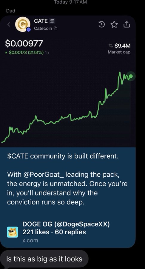 A text message from "Dad" shares a screenshot showing CATE (Catecoin) at $0.000977 with a $9.4M market cap and 21.51% gain over 1 hour, alongside a tweet praising the $CATE community led by @PoorGoat_. The reply "Is this as big as it looks" suggests Dad is questioning whether the meme coin's surge aligns with the call to "send it" on $CATE.