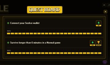 Screenshot of a 'Quest Board' showing progress bars for two quests: 'Connect your Seeker wallet' and 'Survive longer than 5 minutes in a Nomal game'.