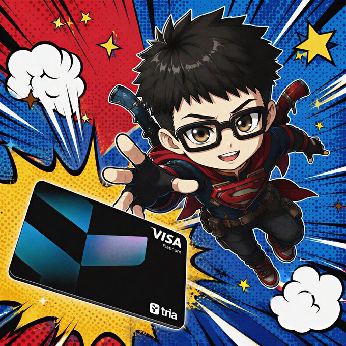 A chibi-style anime character with spiky black hair, glasses, and a red cape flies dynamically against a red, blue, and yellow comic-book style background with stars, alongside a VISA Platinum card branded with 'tria'.