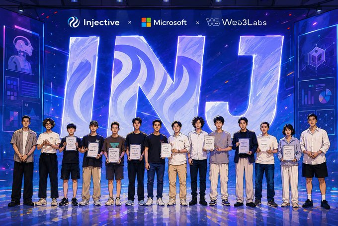 An event photo showing a group of young people holding certificates on stage in front of a large 'INJ' logo with 'Injective x Microsoft x W3U3Labs' branding at the top.