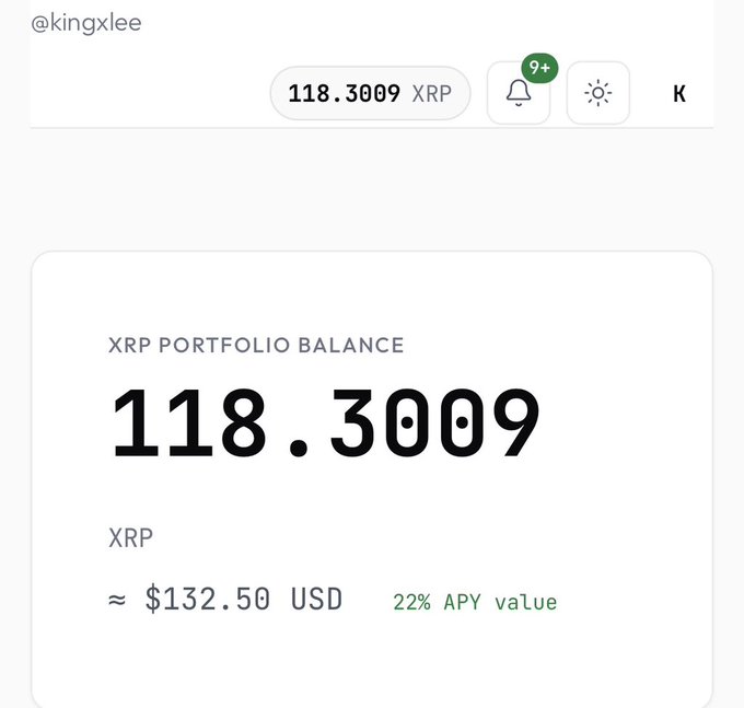 A cryptocurrency portfolio screenshot showing an XRP balance of 118.3009 XRP, valued at approximately $132.50 USD with 22% APY, under the username @kingxlee.
