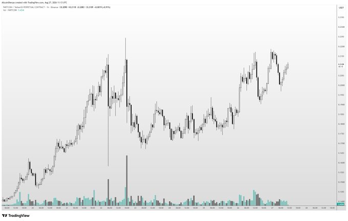 A TradingView chart displays FARTCOIN/USDT on Swoop Exchange, with current price at $0.2090, showing an 18.22% gain and a notable sharp price spike on August 23rd. The candlestick chart illustrates volatile price action, aligning with the post's message about not owning enough of the $FARTCOIN memecoin.