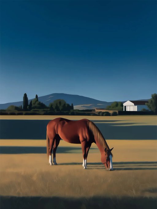 A chestnut horse with white socks grazing in a golden field under a deep blue sky, with mountains and a small white building in the distance.