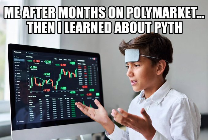 The image features a young boy wearing a headband while sitting at a desk with a computer monitor displaying stock market data. The caption of the image reads, "Me after months on Polymarket... Then I learned about Pyth". This suggests that the boy has been learning about trading and investing in the stock market for an extended period of time.