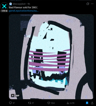 A tweet from @scoopybot announces "Bad Flavour sold for 280E" and includes a price link, alongside a distorted digital artwork image of what appears to be a glitchy, abstract figure with striped elements in purple, white, and black tones. The artwork and sale price serve as visual indicators of NFT market activity, aligning with the "NFT BULL RUN INDICATORS FLASHING" post context by showcasing a notable sale volume.
