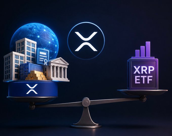 A balance scale shows on one side buildings, gold, and a certificate representing real-world assets with an XRP logo, while the other side shows an "XRP ETF" box with a graph. This visually depicts the #XRPL's tokenized RWA market outperforming the XRP ETF sector, as stated in the accompanying post.